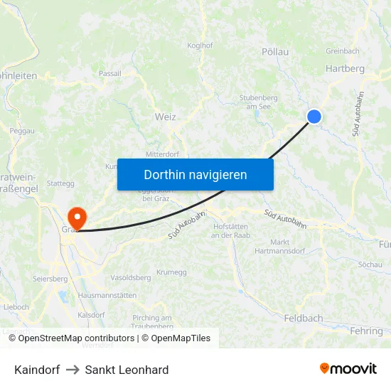 Kaindorf to Sankt Leonhard map