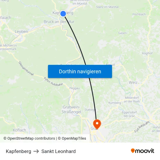 Kapfenberg to Sankt Leonhard map