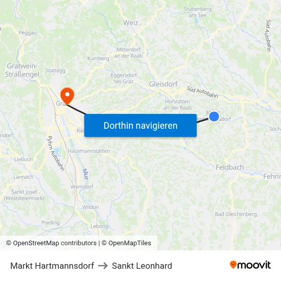 Markt Hartmannsdorf to Sankt Leonhard map