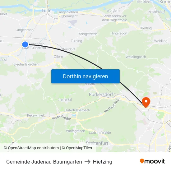 Gemeinde Judenau-Baumgarten to Hietzing map