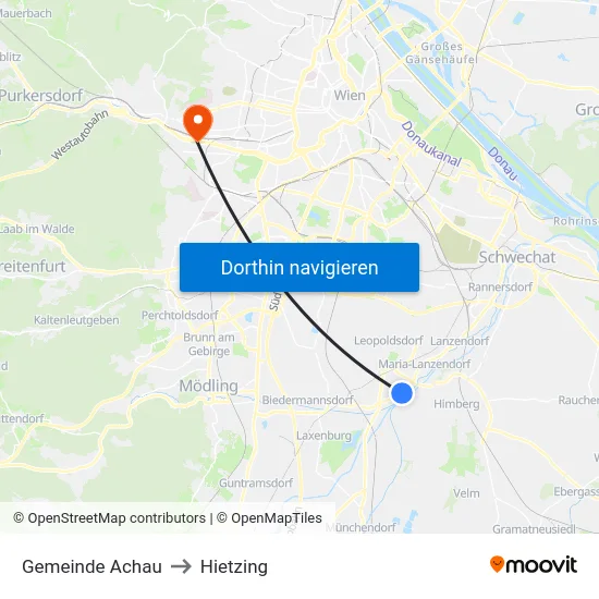 Gemeinde Achau to Hietzing map