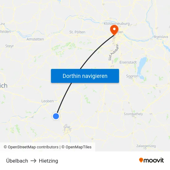 Übelbach to Hietzing map