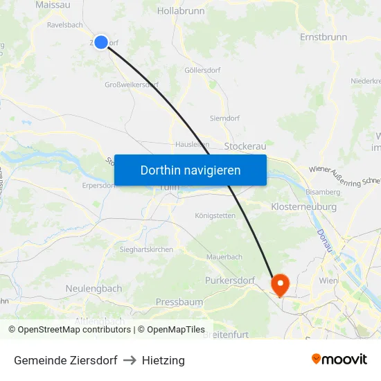 Gemeinde Ziersdorf to Hietzing map