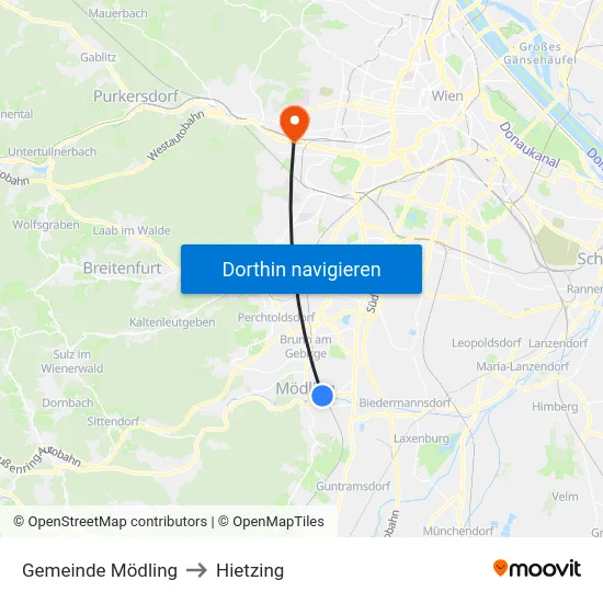 Gemeinde Mödling to Hietzing map