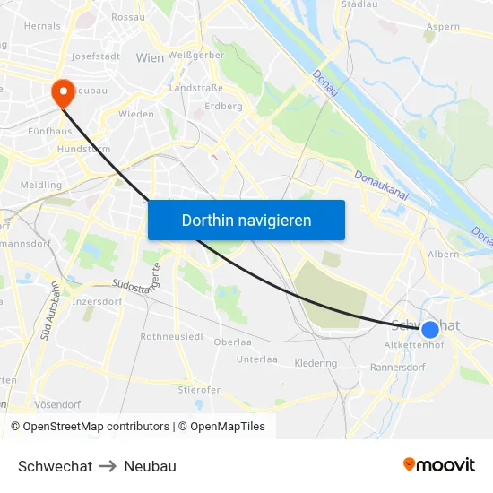 Schwechat to Neubau map