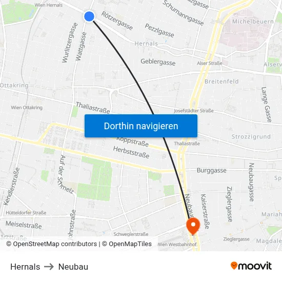 Hernals to Neubau map