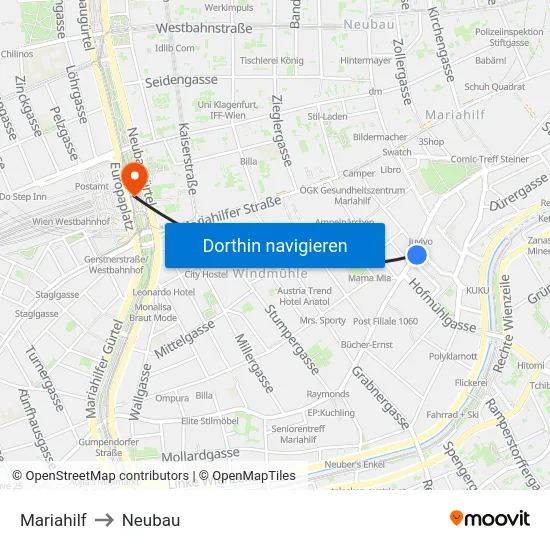 Mariahilf to Neubau map