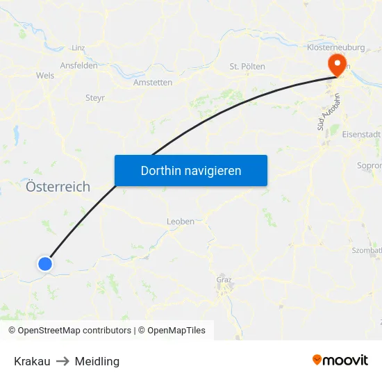 Krakau to Meidling map