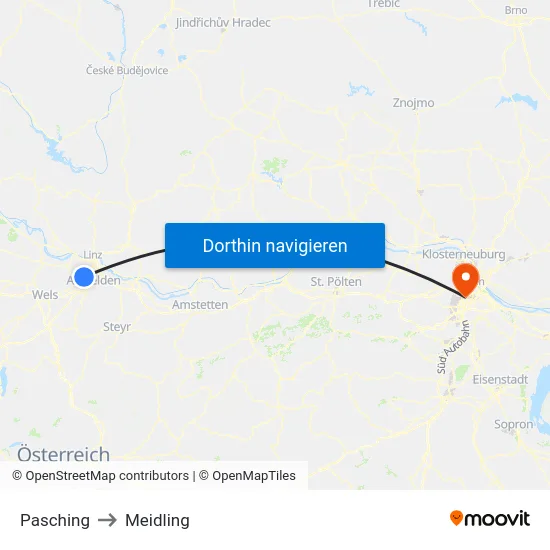 Pasching to Meidling map