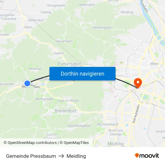 Gemeinde Pressbaum to Meidling map