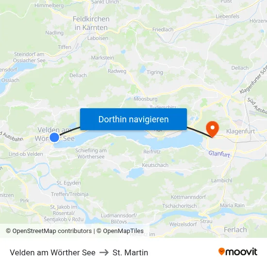 Velden am Wörther See to St. Martin map