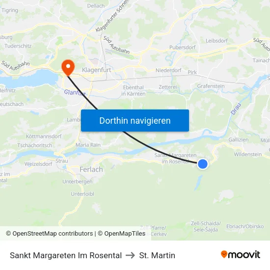 Sankt Margareten Im Rosental to St. Martin map