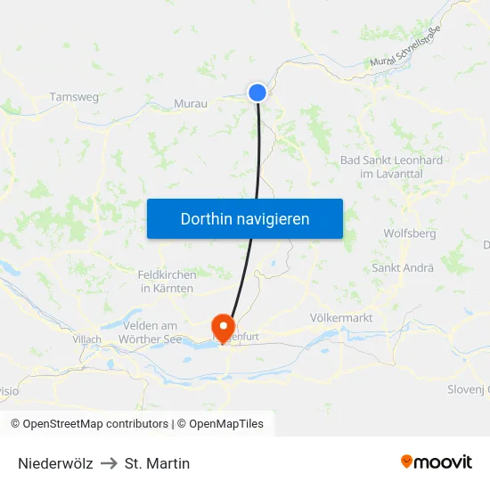 Niederwölz to St. Martin map