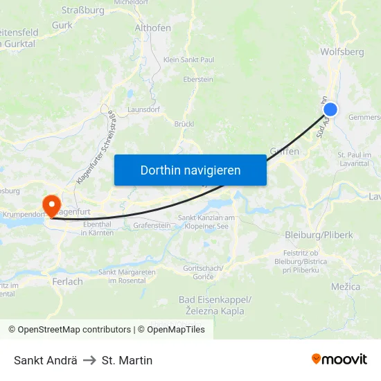 Sankt Andrä to St. Martin map