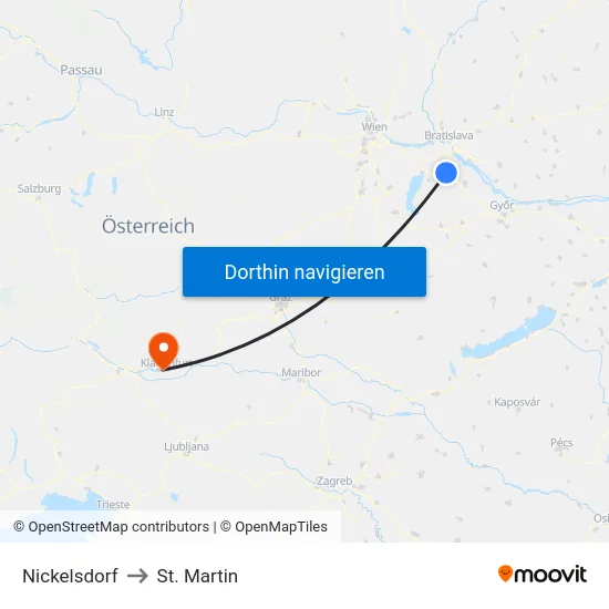Nickelsdorf to St. Martin map
