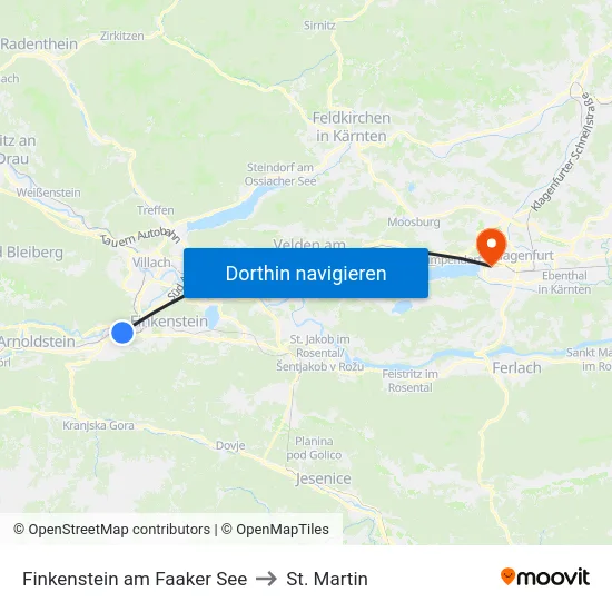 Finkenstein am Faaker See to St. Martin map