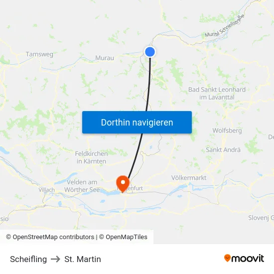 Scheifling to St. Martin map