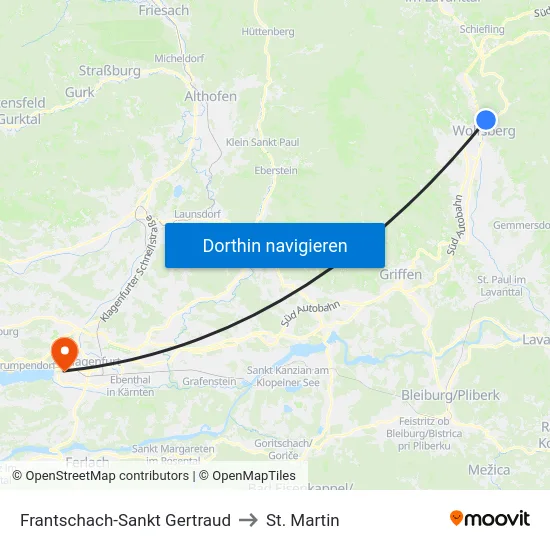 Frantschach-Sankt Gertraud to St. Martin map