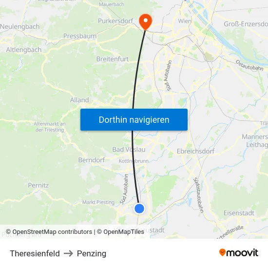 Theresienfeld to Penzing map