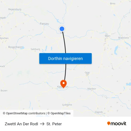 Zwettl An Der Rodl to St. Peter map