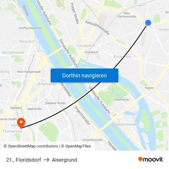 21., Floridsdorf to Alsergrund map