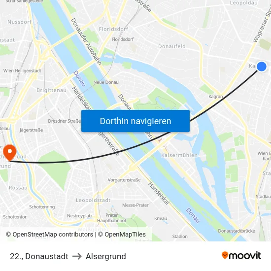 22., Donaustadt to Alsergrund map