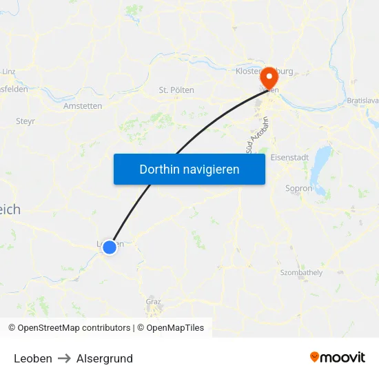 Leoben to Alsergrund map