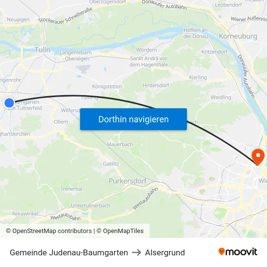 Gemeinde Judenau-Baumgarten to Alsergrund map