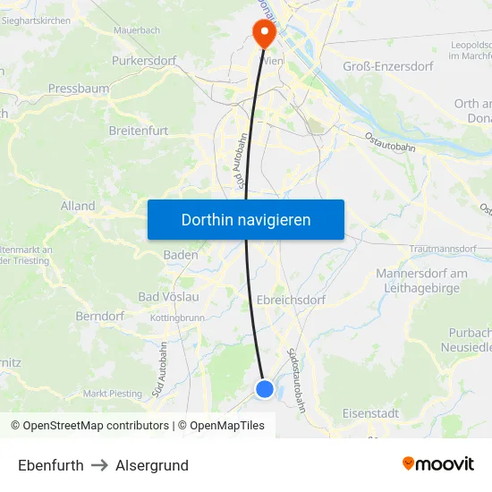 Ebenfurth to Alsergrund map
