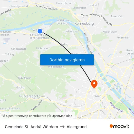 Gemeinde St. Andrä-Wördern to Alsergrund map