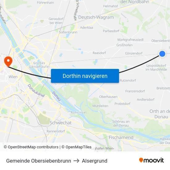 Gemeinde Obersiebenbrunn to Alsergrund map