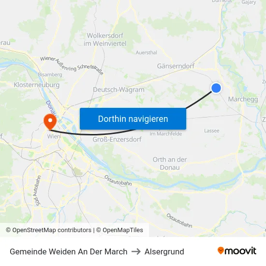 Gemeinde Weiden An Der March to Alsergrund map