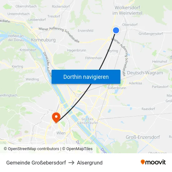 Gemeinde Großebersdorf to Alsergrund map