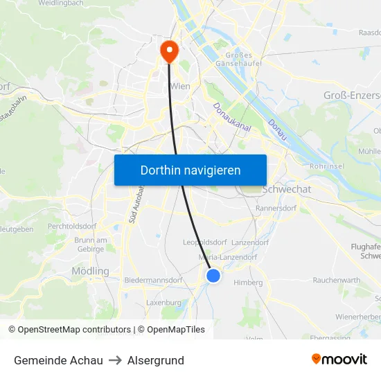 Gemeinde Achau to Alsergrund map