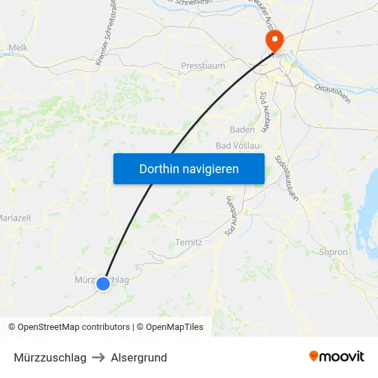 Mürzzuschlag to Alsergrund map