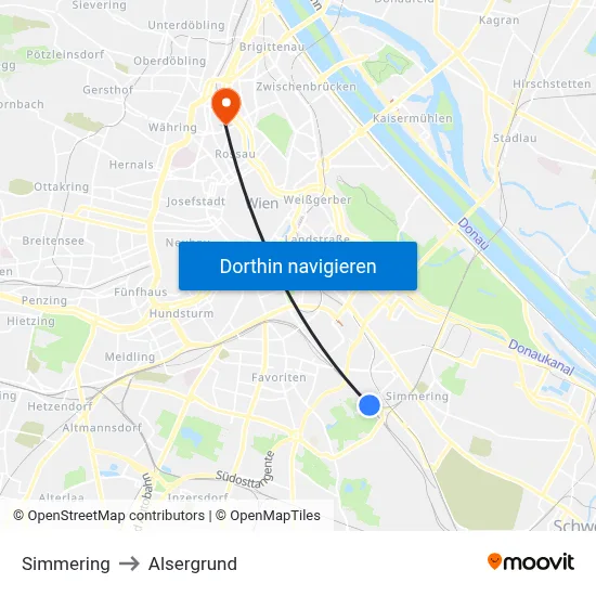 Simmering to Alsergrund map