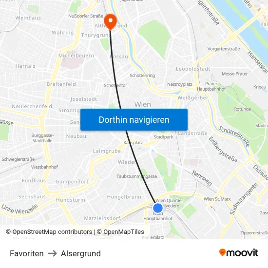 Favoriten to Alsergrund map