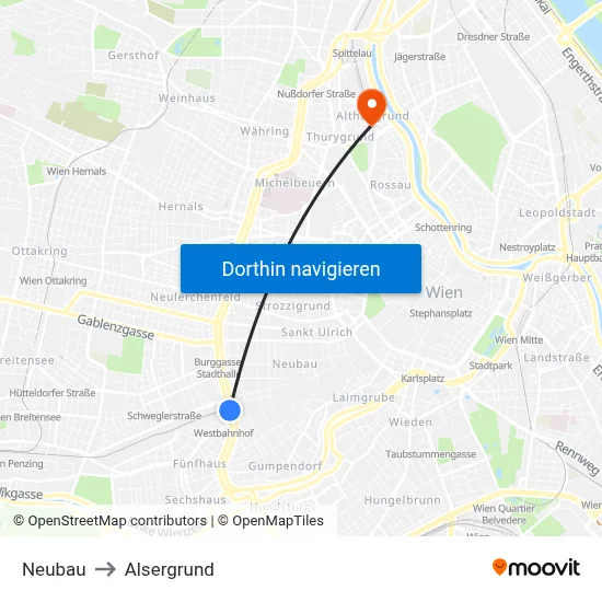Neubau to Alsergrund map
