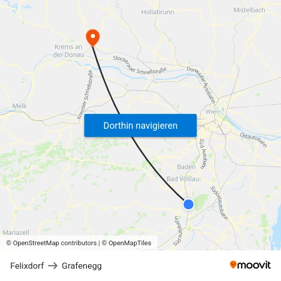 Felixdorf to Grafenegg map