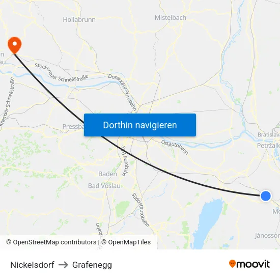 Nickelsdorf to Grafenegg map