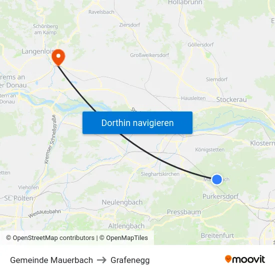 Gemeinde Mauerbach to Grafenegg map
