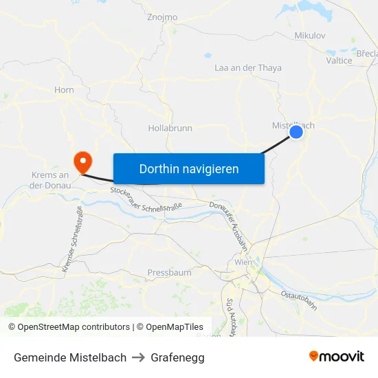 Gemeinde Mistelbach to Grafenegg map
