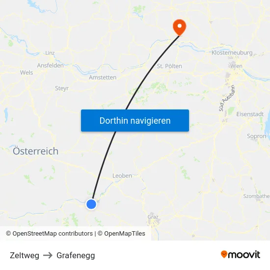 Zeltweg to Grafenegg map