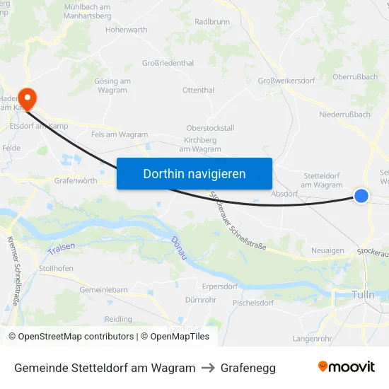 Gemeinde Stetteldorf am Wagram to Grafenegg map
