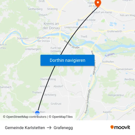 Gemeinde Karlstetten to Grafenegg map