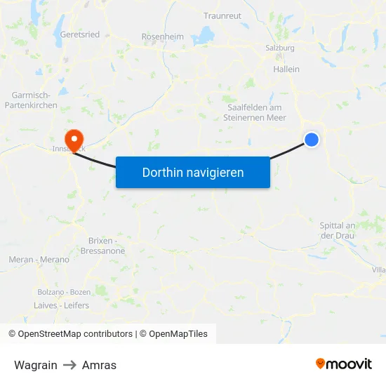 Wagrain to Amras map