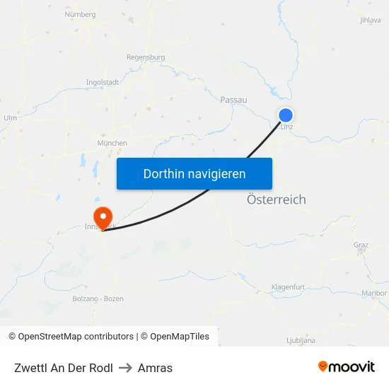 Zwettl An Der Rodl to Amras map