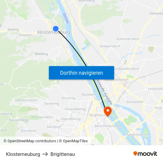 Klosterneuburg to Brigittenau map