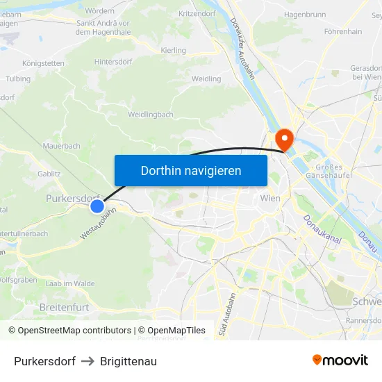 Purkersdorf to Brigittenau map