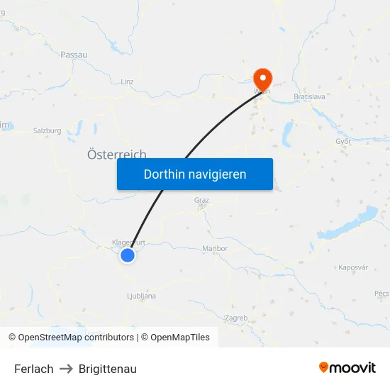 Ferlach to Brigittenau map
